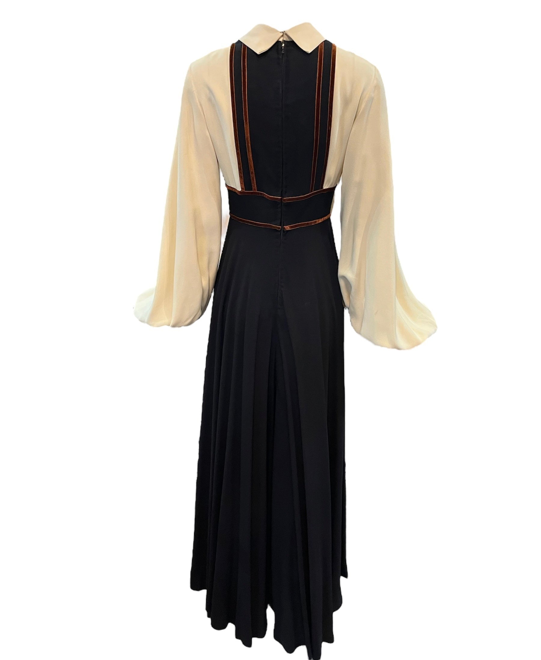 Van Dusen/Green 1970's Ivory and Black Crepe Bishop Sleeve Jumpsuit with Brown Velvet Trim, back