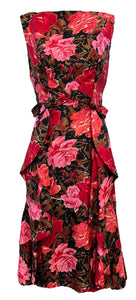  Travilla 50s Red and Pink Watercolor Floral Silk Cocktail Dress FRONT 1 of 7