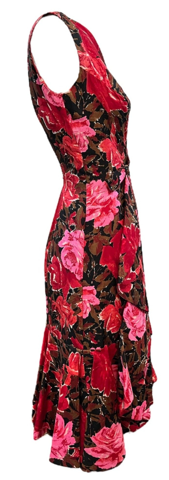  Travilla 50s Red and Pink Watercolor Floral Silk Cocktail Dress SIDE 2 of 7