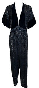  1970s Unlabeled Black Sequined Lace  Jumpsuit with Velvet Trim FRONT 1 of 5