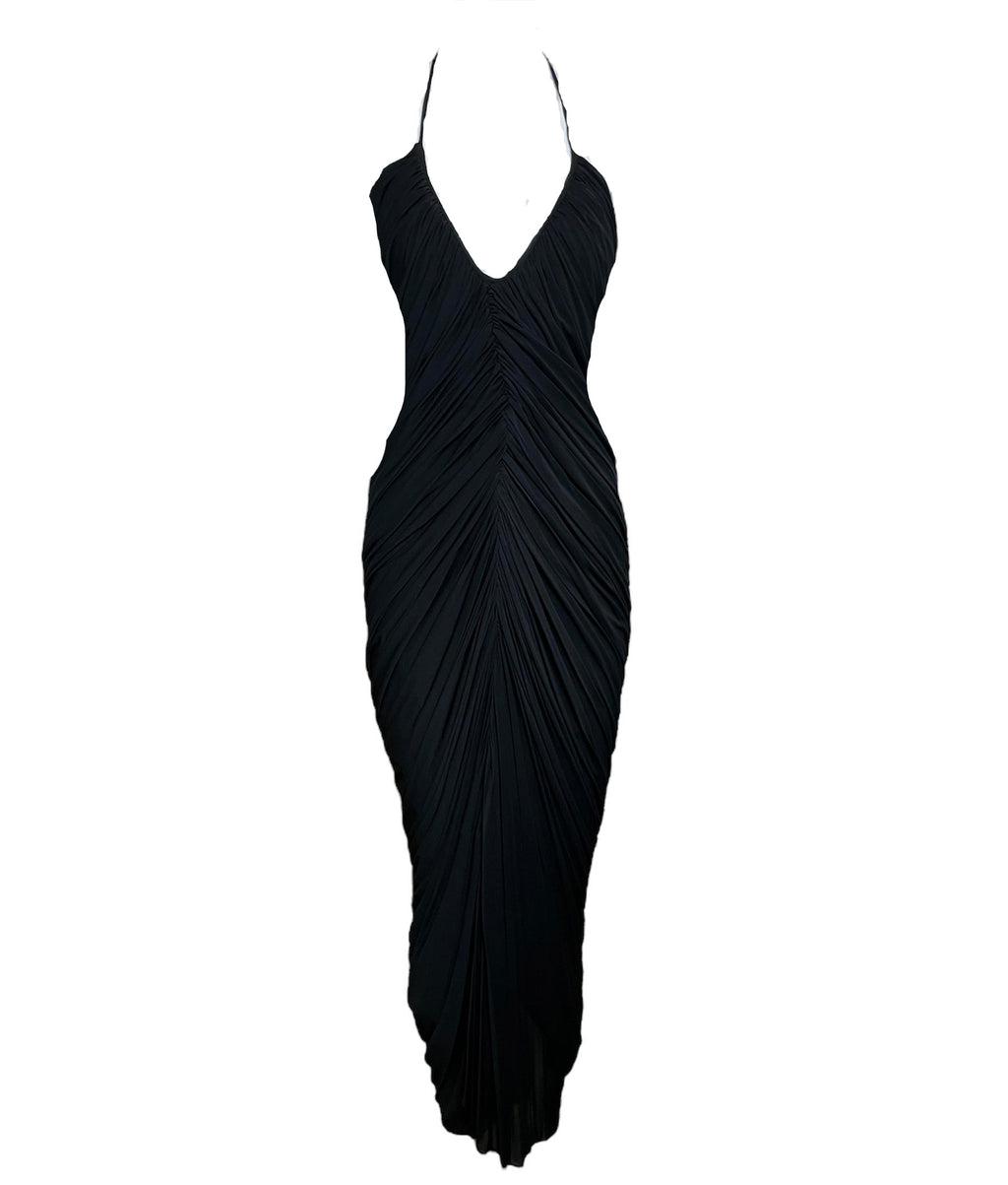 Halston Fall 1981 Black "Sexy Slink" Jersey Halter/One Shoulder Gown FRONT 1 of 4