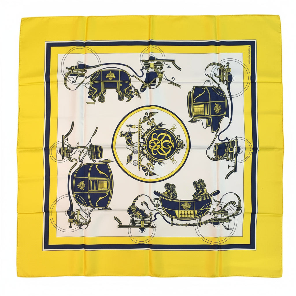 Hermes 'Ex Libre' Yellow & Blue Carriage Silk Scarf FRONT 1 of 4