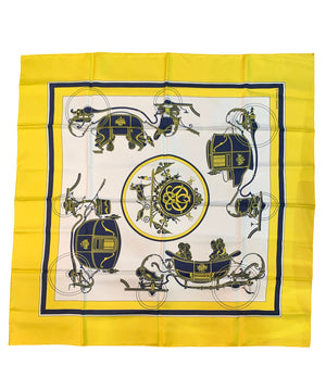 Hermes 'Ex Libre' Yellow & Blue Carriage Silk Scarf FRONT 1 of 4