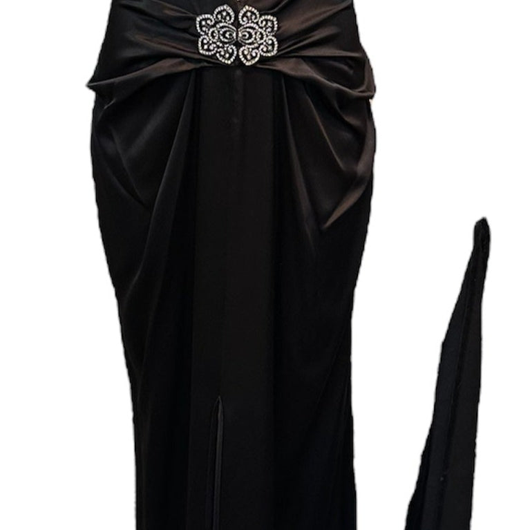 Jikli Black Satin 30s Style Bias Cut Gown with Sheer Mid-Riff and Train FRONT 1 of 6