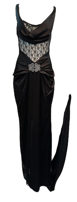 Jikli Black Satin 30s Style Bias Cut Gown with Sheer Mid-Riff and Train FRONT 1 of 6