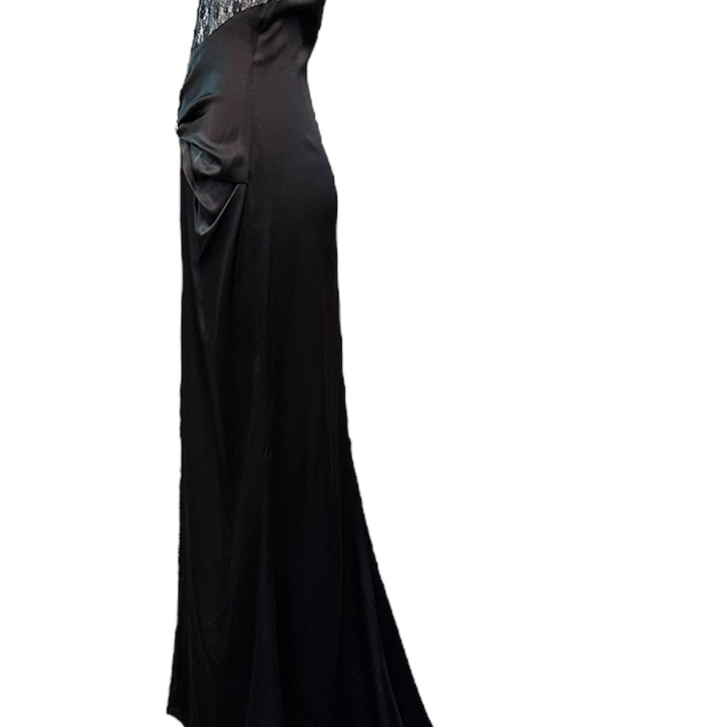 Jikli Black Satin 30s Style Bias Cut Gown with Sheer Mid-Riff and Train SIDE 2 of 6