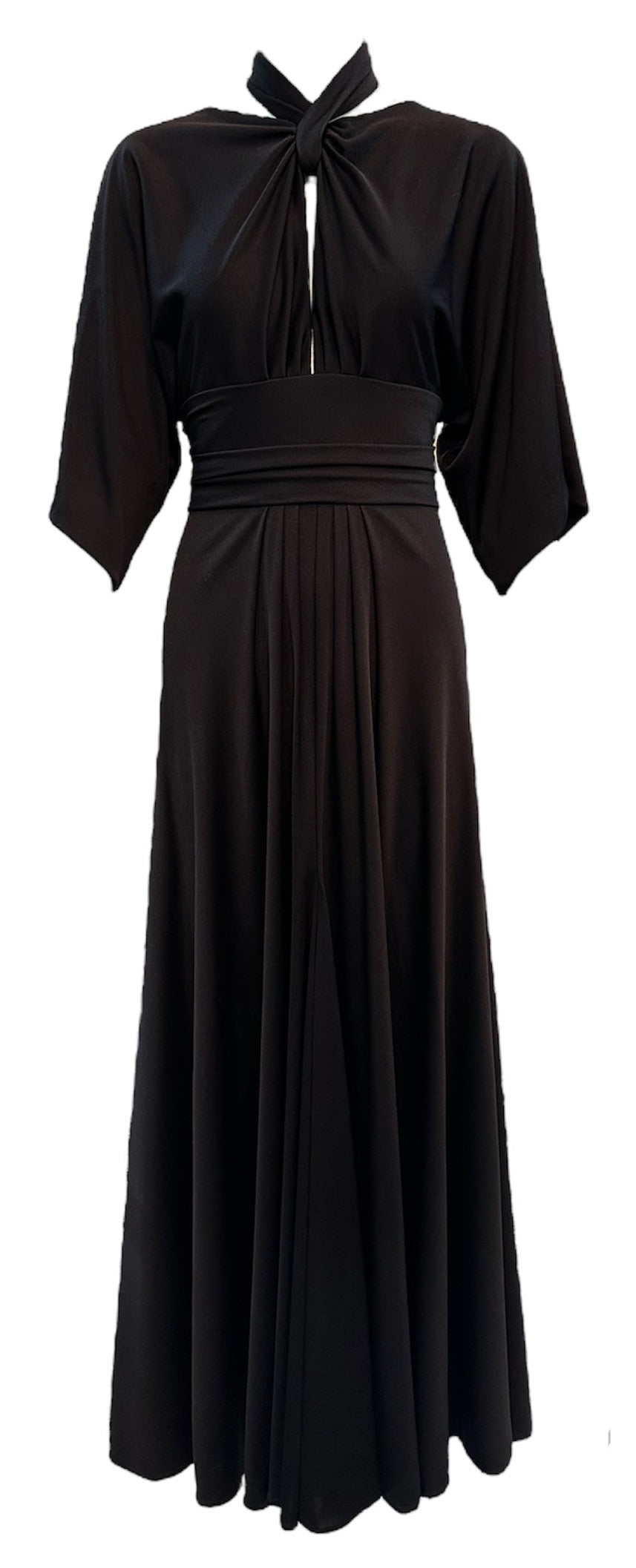  Frank Usher 70s Black Poly Maxi Dress with Interesting Neckline FRONT 1 of 6