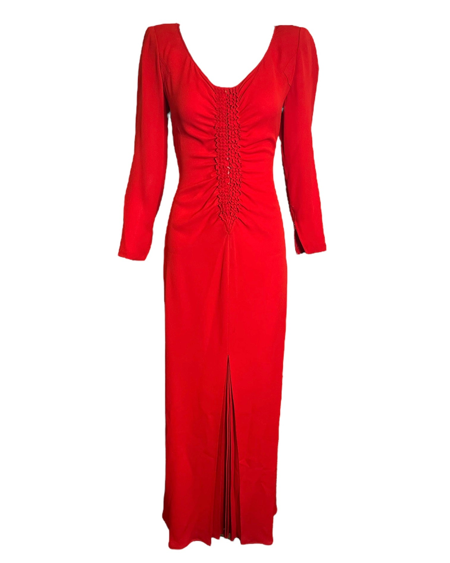 Galanos 80s Red Silk Ruched Front Gown FRONT 1 of 5