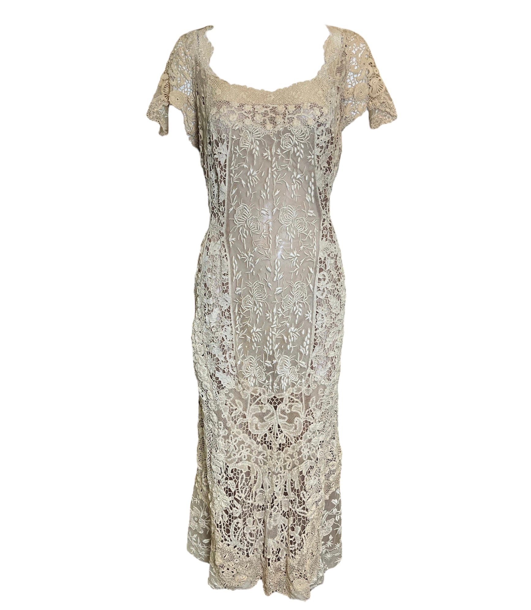  1920s Ecru  Irish Crochet Hand Embroidered Dress FRONT 1 of 8