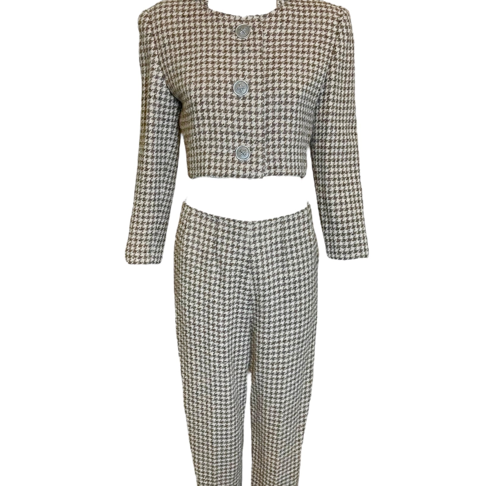 Galanos Houndstooth 2-Piece Cropped Jacket and Pants Ensemble FRONT 1 of 5