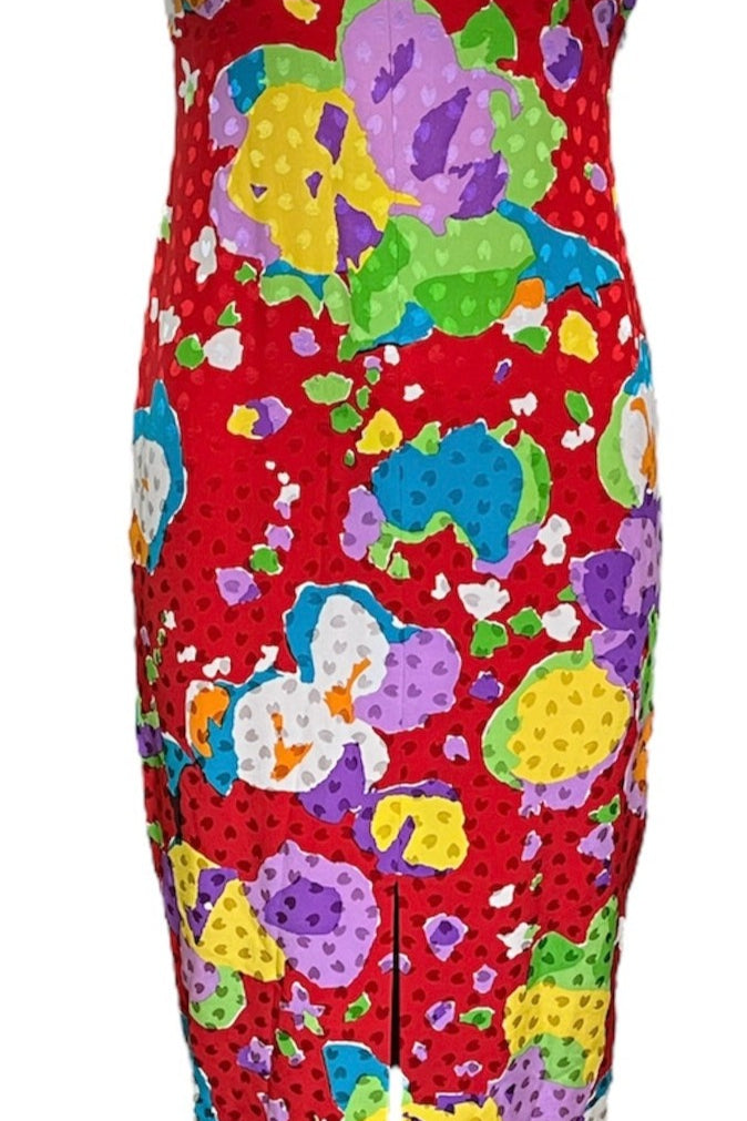 90s floral dress Galanos 1990's Red Silk Jacquard Gown with Rainbow Abstract Floral Print