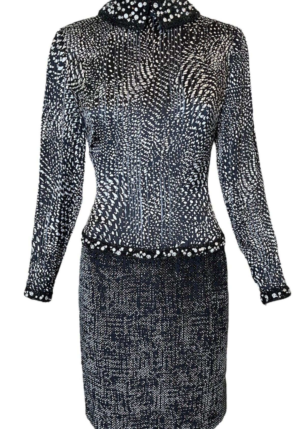 Galanos  80s Black & White Sequined Abstract Print Cocktail Dress With Embellishment FRONT 1 of 5