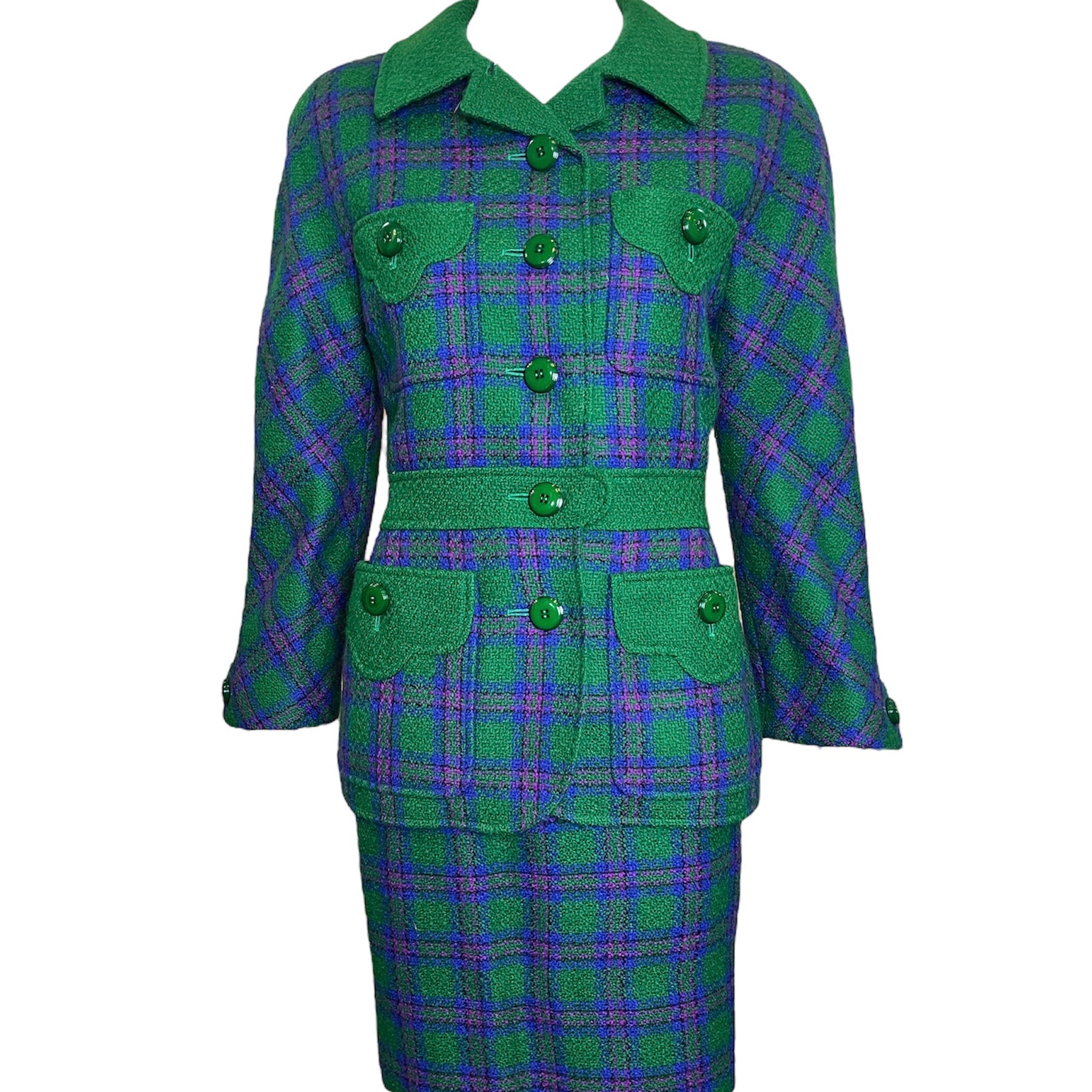  Valentino Boutique 80s Green, Purple and Fuschia Plaid  Skirt Suit Ensemble FRONT 1 of 7