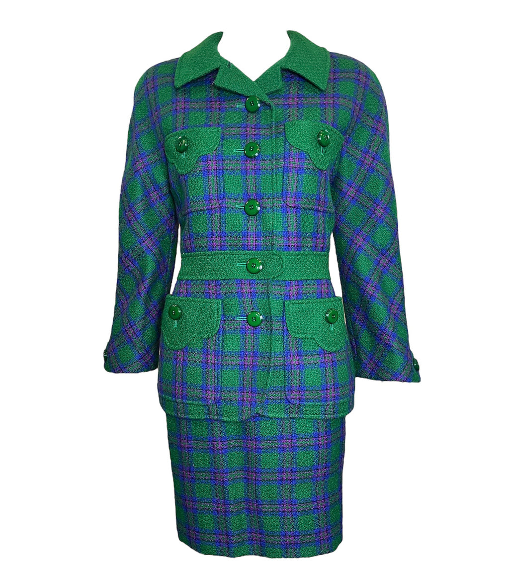  Valentino Boutique 80s Green, Purple and Fuschia Plaid  Skirt Suit Ensemble FRONT 1 of 7
