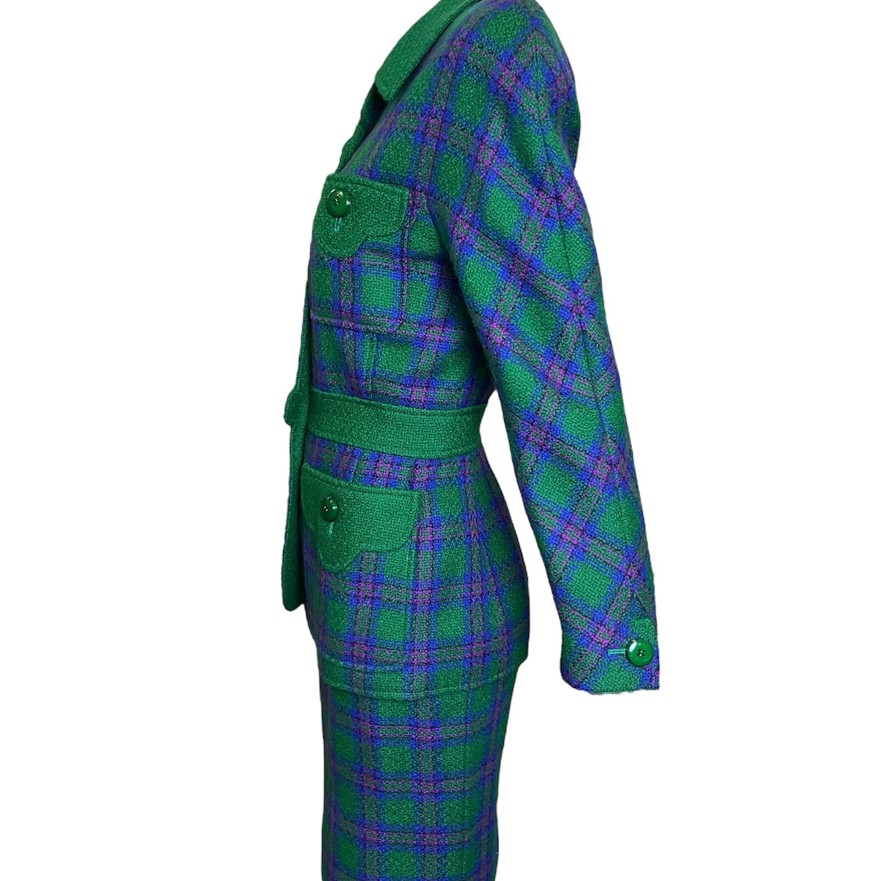  Valentino Boutique 80s Green, Purple and Fuschia Plaid  Skirt Suit Ensemble SIDE 2 of 7