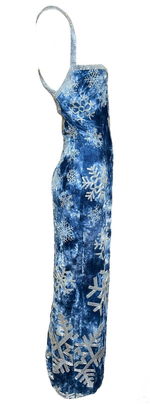  Todd Oldham Fall 1994 Super Rare Blue Velvet Gown with Beaded Snowflakes DSIDE 2 of 6