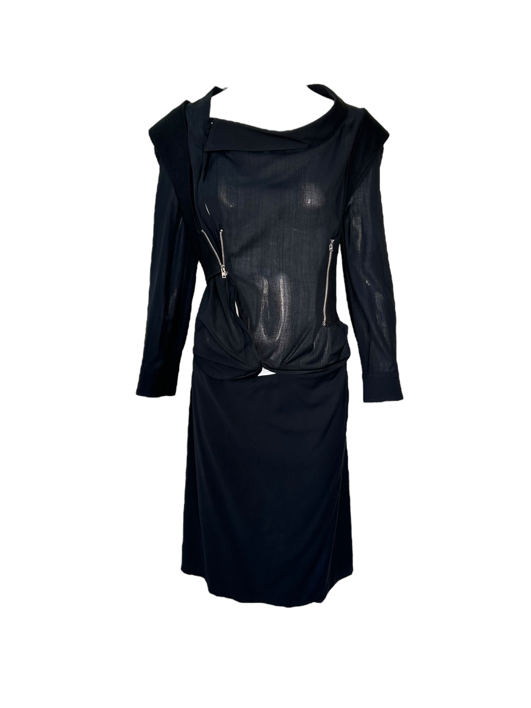 black avant garde dress Hussein Chalayan 2000s Asymmetrical Zipper celebrating individuality and ensuring Embellished Long Sleeve Faux crinkle black sevila mini dress Size:18 Mo