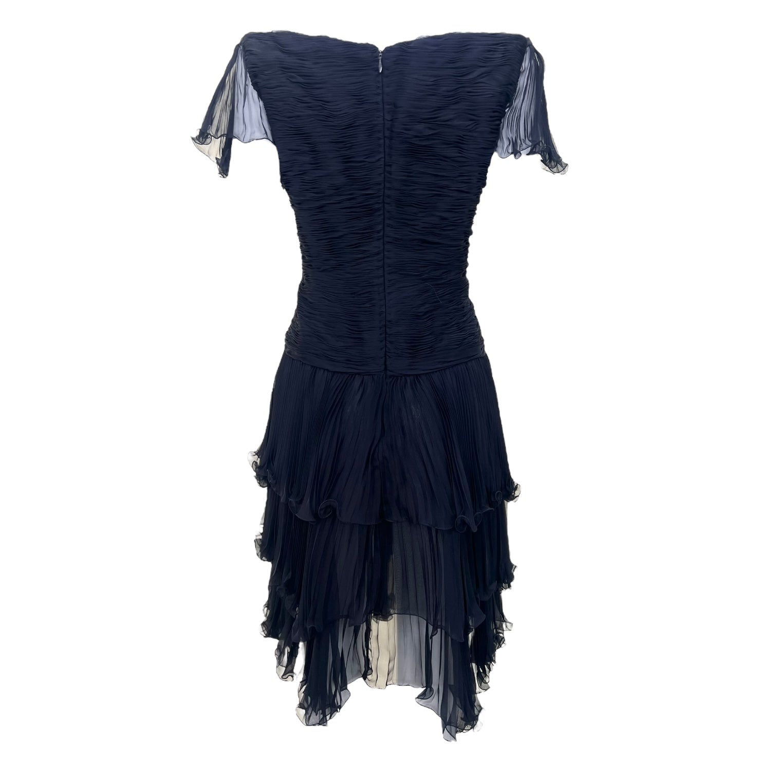 Valentino S/S 1990 Ruched Frilly Tiered Black Silk Chiffon Dress, back