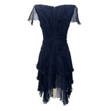 Valentino S/S 1990 Ruched Frilly Tiered Black Silk Chiffon Dress, back