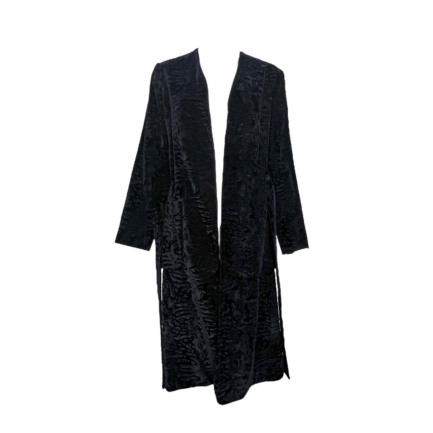 Bill Blass 1970s Black Animal Print Textured Velvet Belted Belted Coat, open