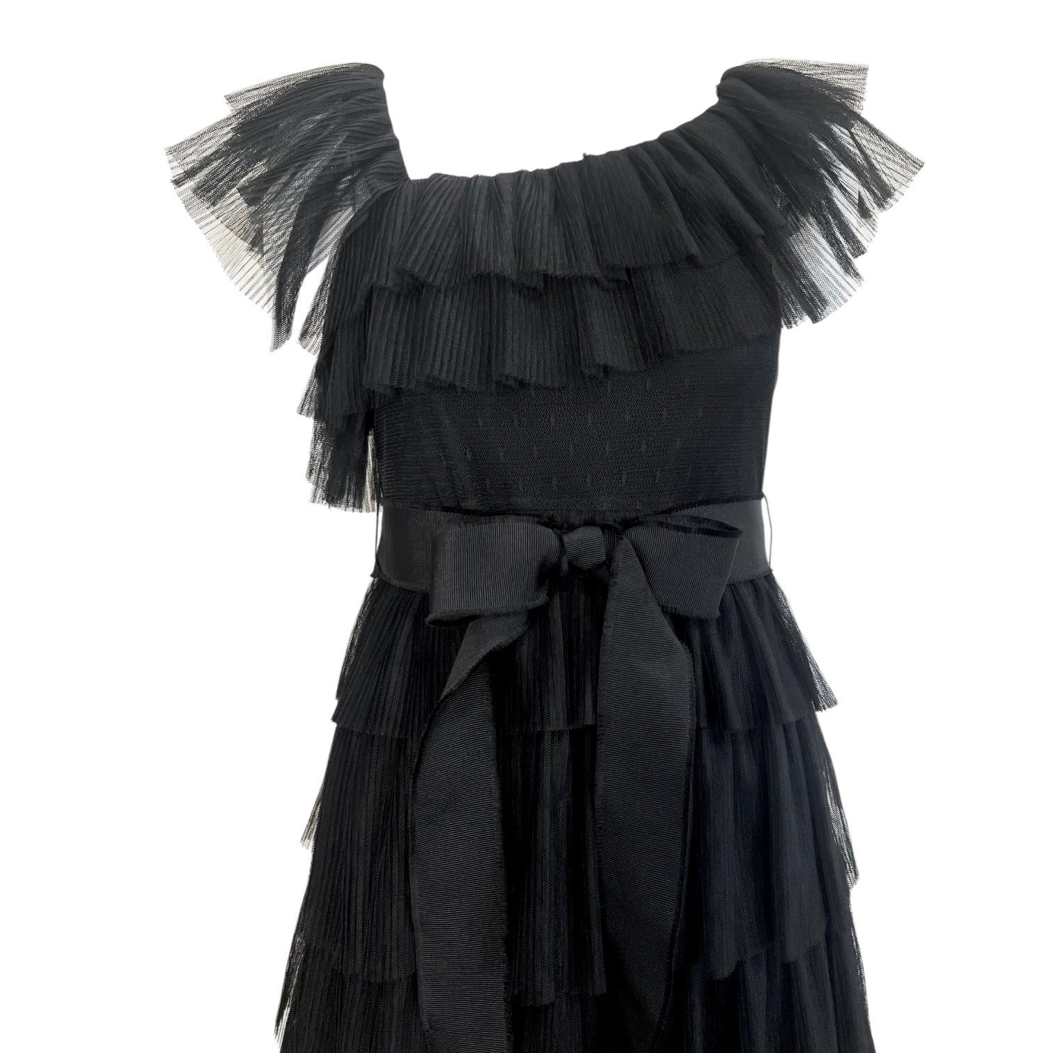 Valentino Red Label Black Ruffled Tulle Tiered Dress, top half front