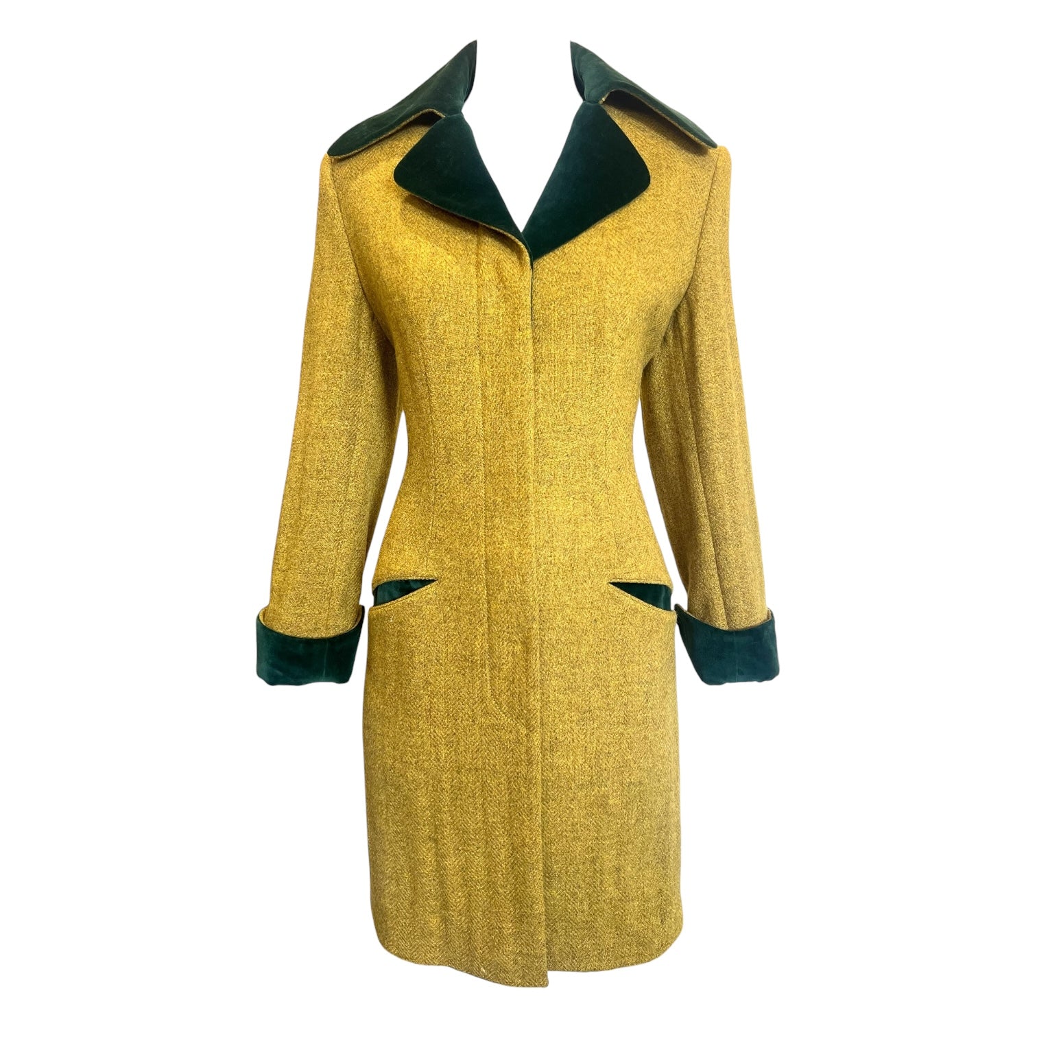 Richard Tyler 1990's Chartreuse and Emerald Green Wool and Velvet Coat