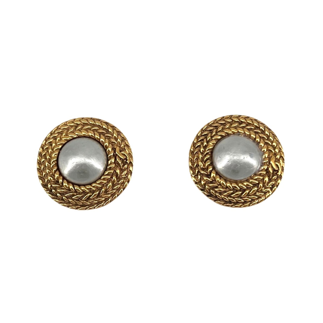 Chanel 1970's Gold Plated Faux Pearl Clip On Earrings with Box, w/o box