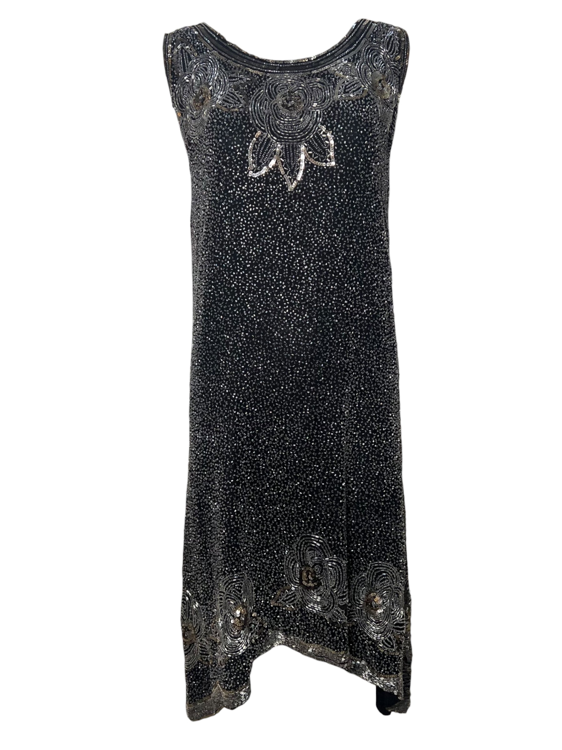 1920's Gold and Silver Deco Beaded and Sequined Black Cotton Shift Dress