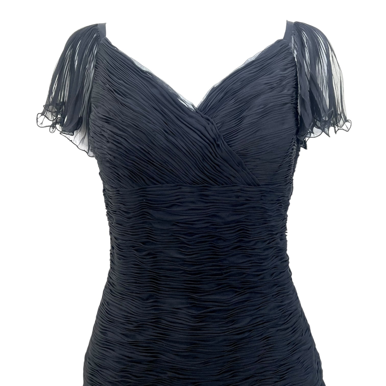 Valentino S/S 1990 Ruched Frilly Tiered Black Silk Chiffon Dress, bodice