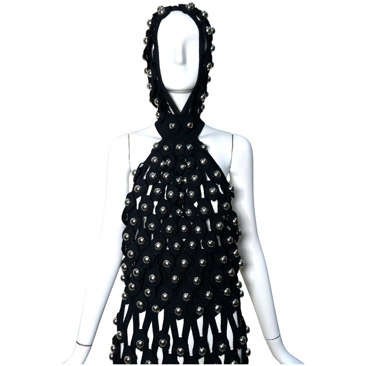 Alaia Winter 2022 Black Hooded Net Jersey Dress with Chrome Bauble Studs, top 