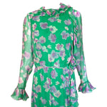 1970's Green Silk Chiffon Floral Maxi Dress w/Ruffles, side