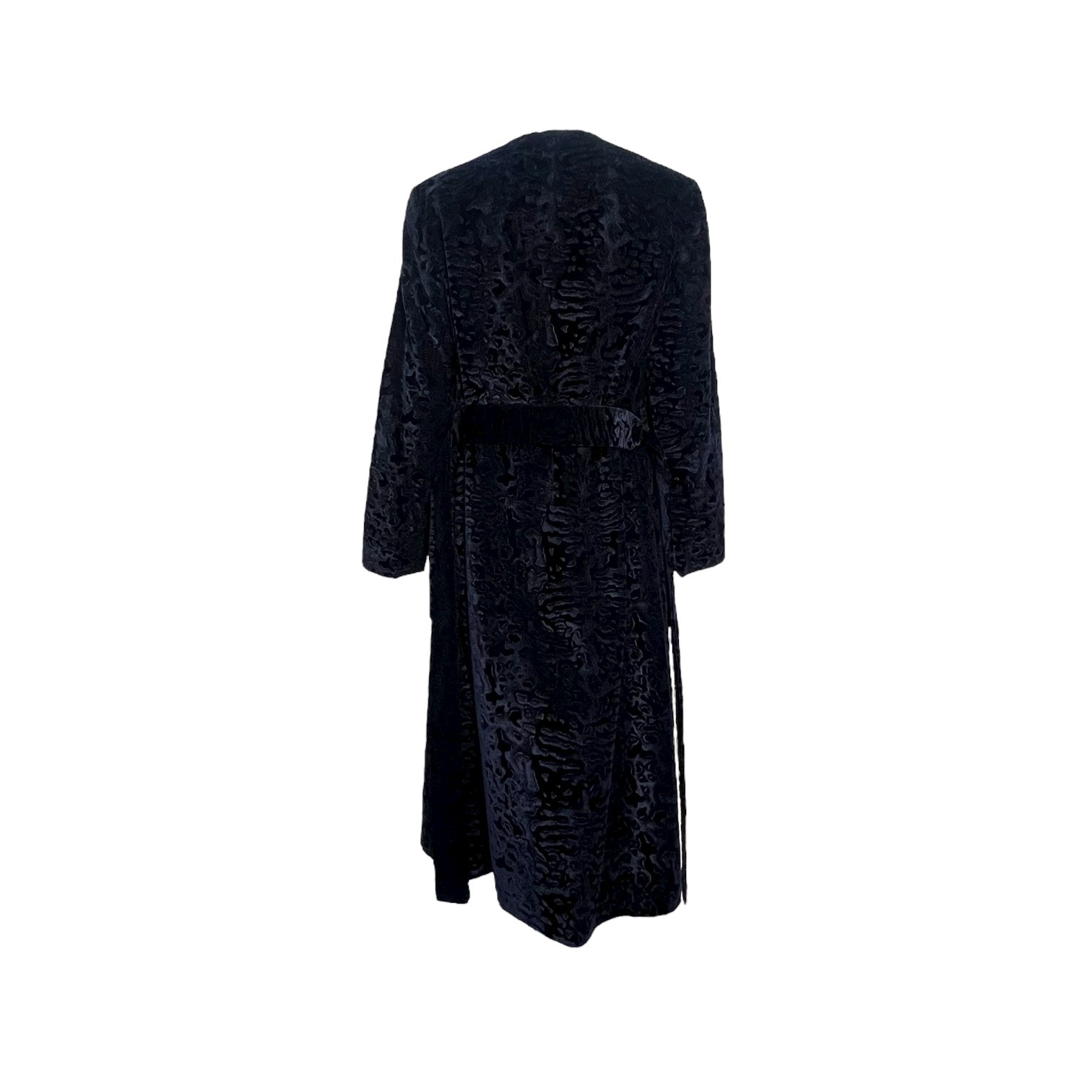 Bill Blass 1970s Black Animal Print Textured Velvet Belted Belted Coat, back 2