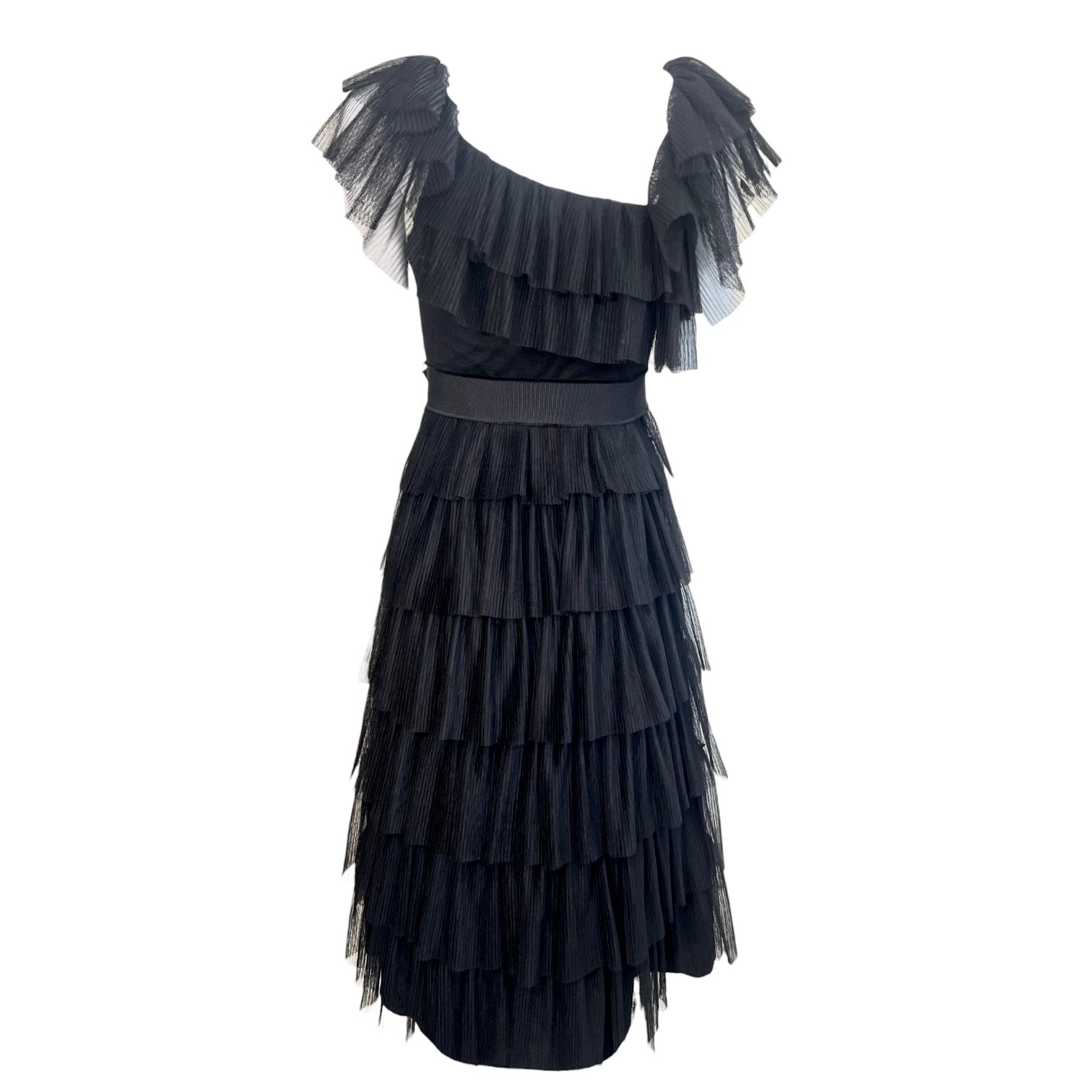 Valentino Red Label Black Ruffled Tulle Tiered Dress, back