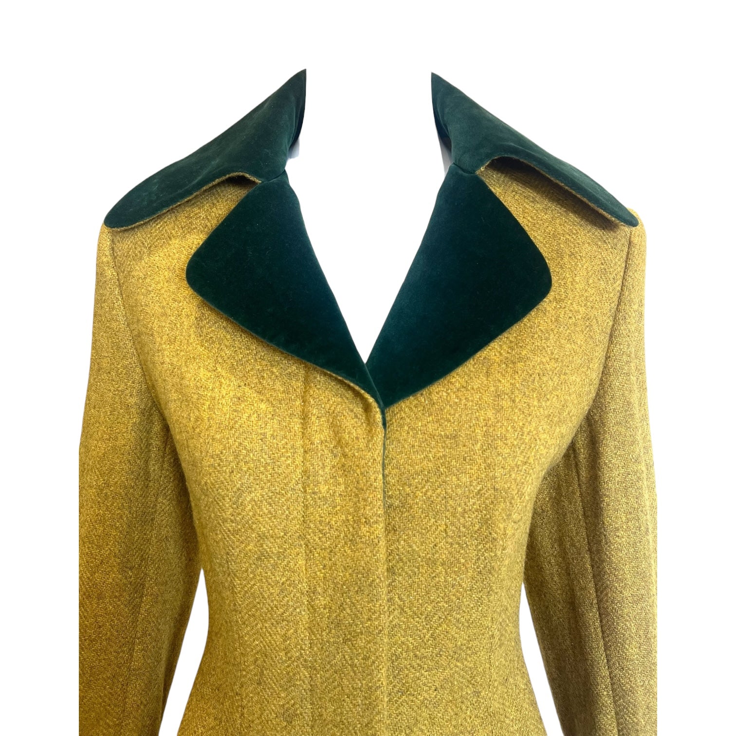 Richard Tyler 1990's Chartreuse and Emerald Green Wool and Velvet Coat, top