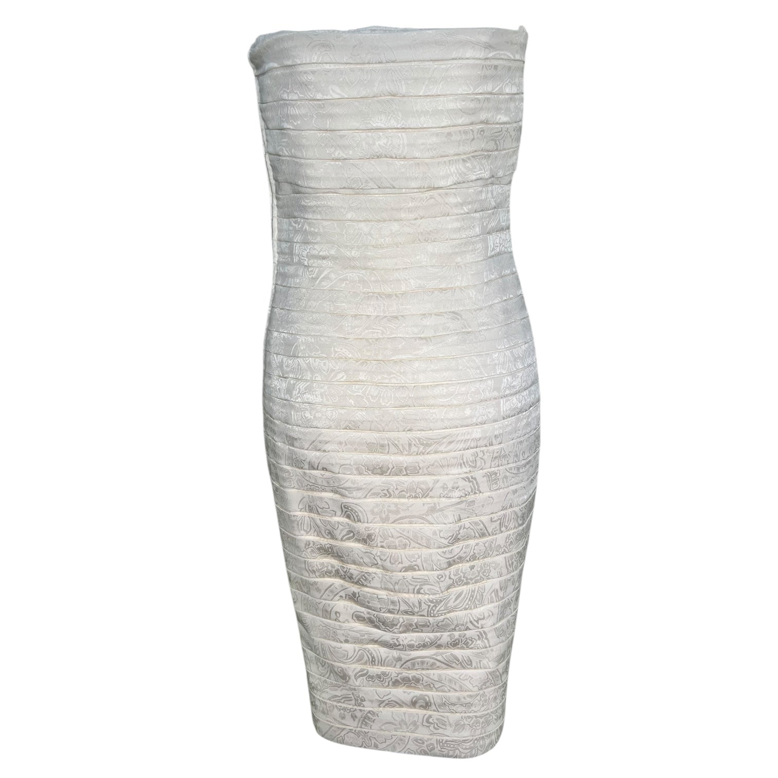 Lanvin 1980's Ivory Pleated Silk Jacquard Strapless Mini Dress, back