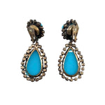 KJL 1960's Turquoise Blue and Rhinestone Tear Drop Clip Earrings, back