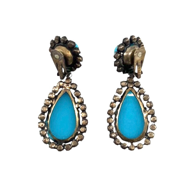 KJL 1960's Turquoise Blue and Rhinestone Tear Drop Clip Earrings, back