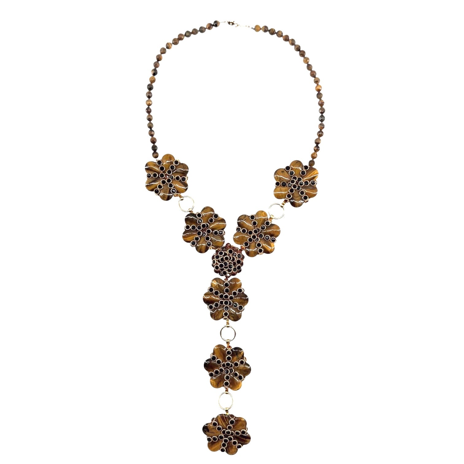 2000s Carved Tiger's Eye Floral Long Drop Down Pendant Necklace