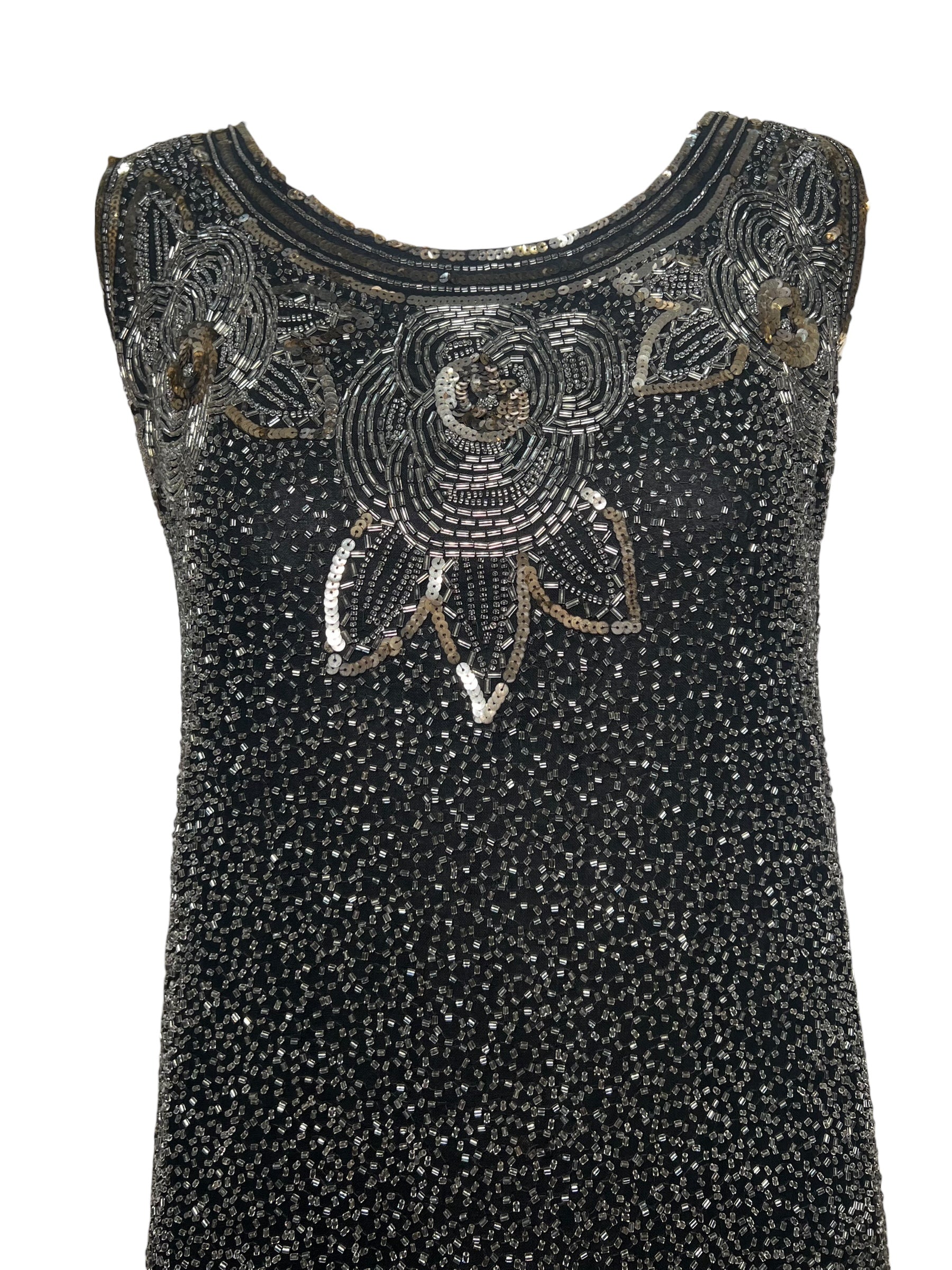 Authentic 1920's Gold and Silver Cotton Beaded and Sequined Black Shift Dress, top