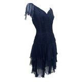 Valentino S/S 1990 Ruched Frilly Tiered Black Silk Chiffon Dress, side