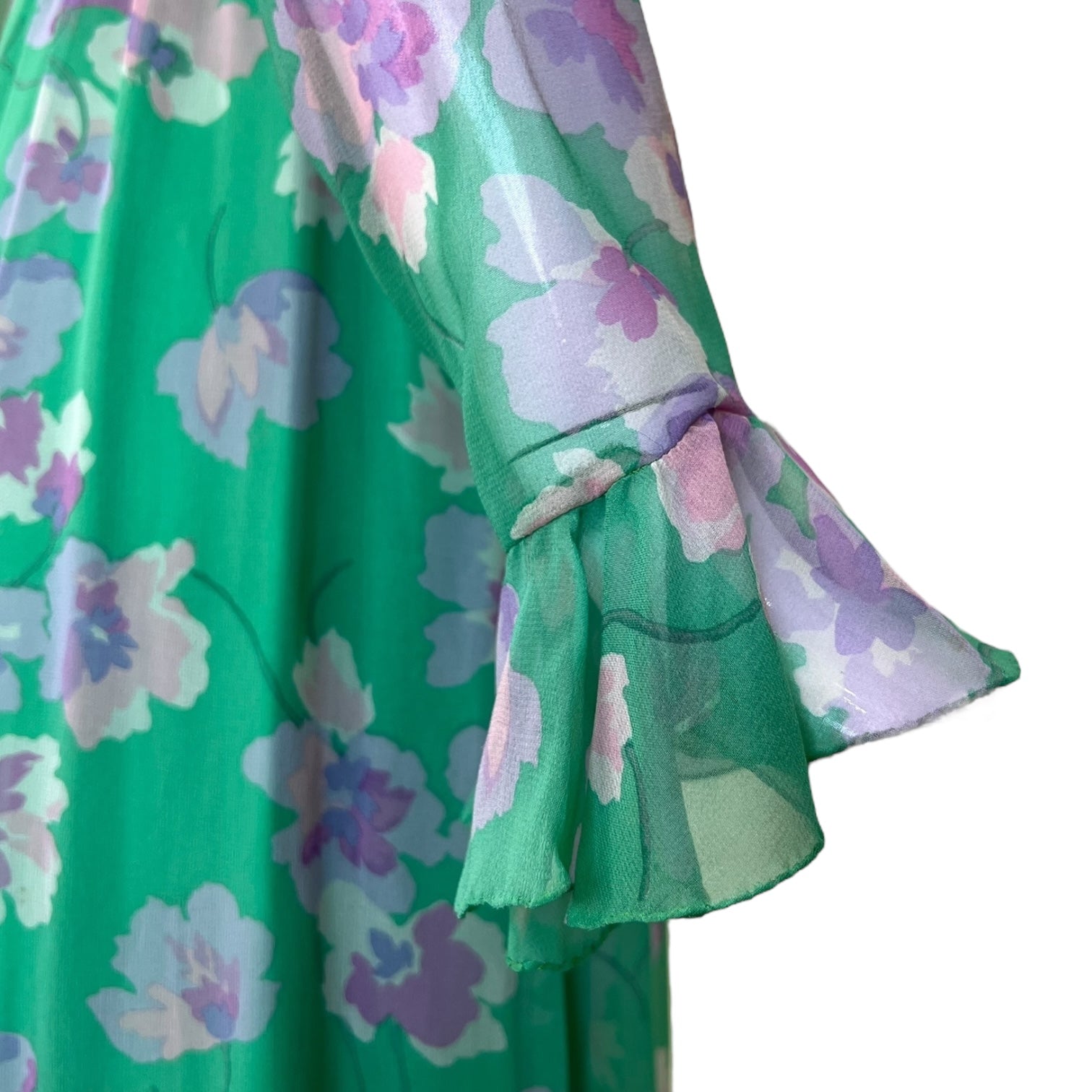 1970's Green Silk Chiffon Floral Maxi Dress w/Ruffles, cuff