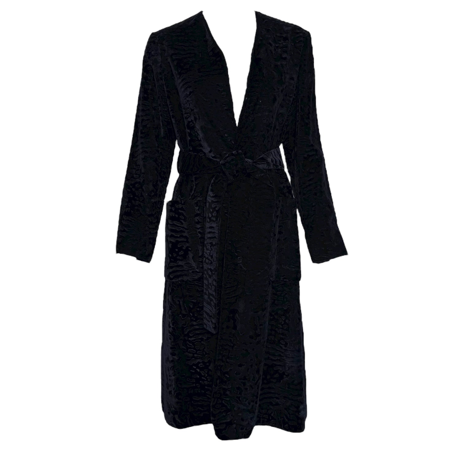 Bill Blass 1970s Black Animal Print Textured Velvet Belted Belted Coat