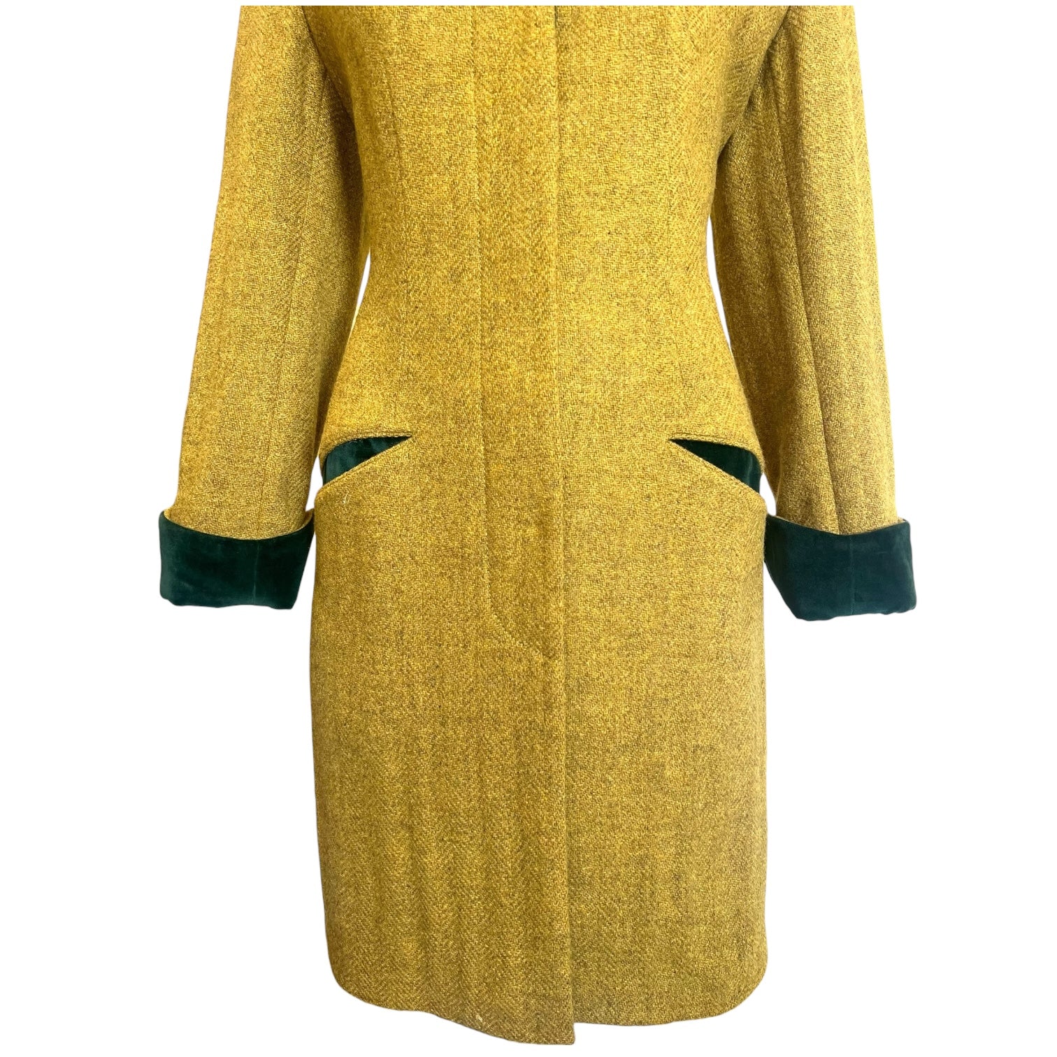 Richard Tyler 1990's Chartreuse and Emerald Green Wool and Velvet Coat, bottom