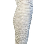 Lanvin 1980's Ivory Pleated Silk Jacquard Strapless Mini Dress, skirt side