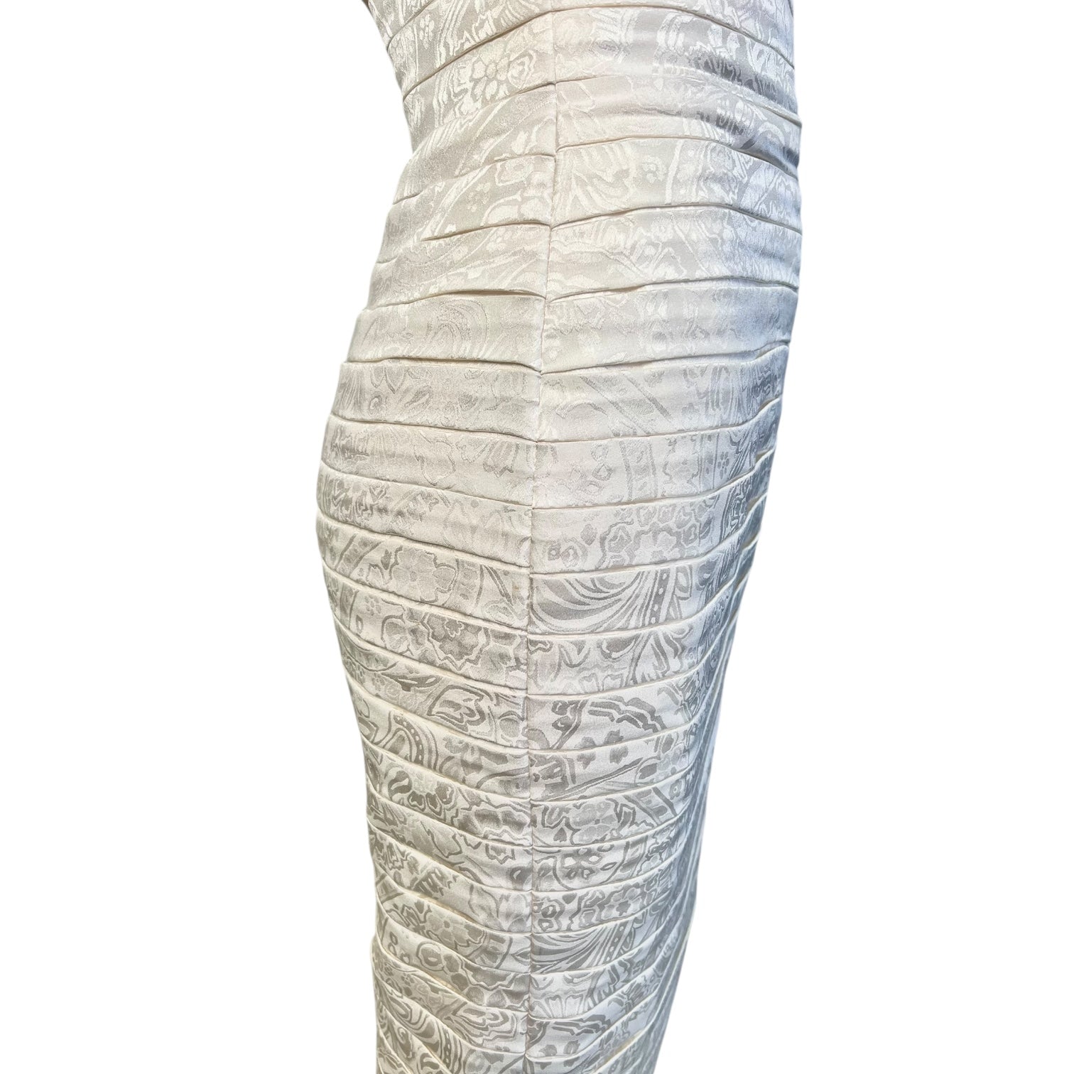 Lanvin 1980's Ivory Pleated Silk Jacquard Strapless Mini Dress, skirt side