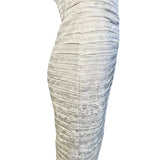 Lanvin 1980's Ivory Pleated Silk Jacquard Strapless Mini Dress, skirt side