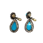KJL 1960's Turquoise Blue and Rhinestone Tear Drop Clip Earrings, open clip