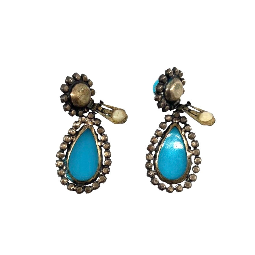 KJL 1960's Turquoise Blue and Rhinestone Tear Drop Clip Earrings, open clip
