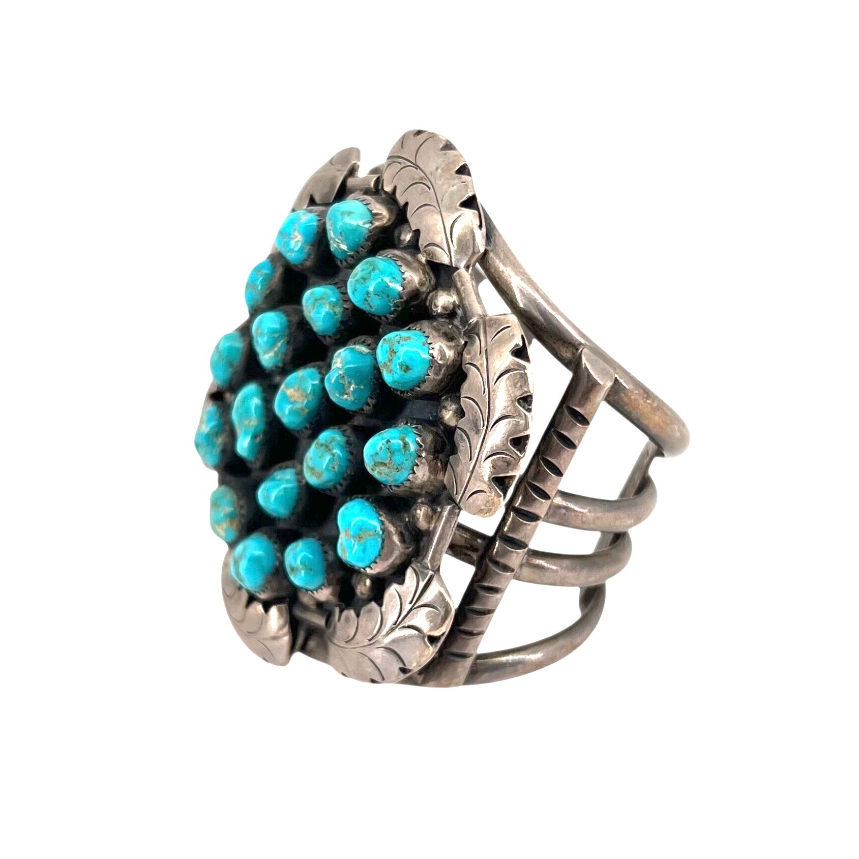 Navajo 1960's Sterling Silver with Turquoise Nuggets Cuff Bracelet, SIDE