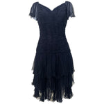 Valentino S/S 1990 Ruched Frilly Tiered Black Silk Chiffon Dress